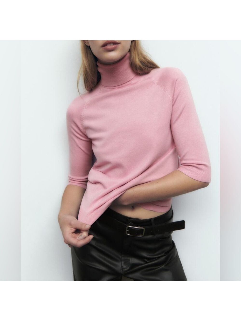 Zara High Collar Turtleneck Fine Ribbed Knit 3/4 Sleeve Sweater in Pink